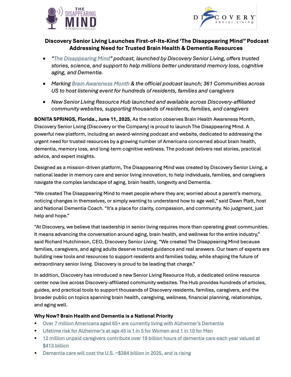 Discovery Senior Living Launches First-of-Its-Kind ‘The Disappearing Mind” Podcast Addressing Need for Trusted Brain Health & Dementia Resources